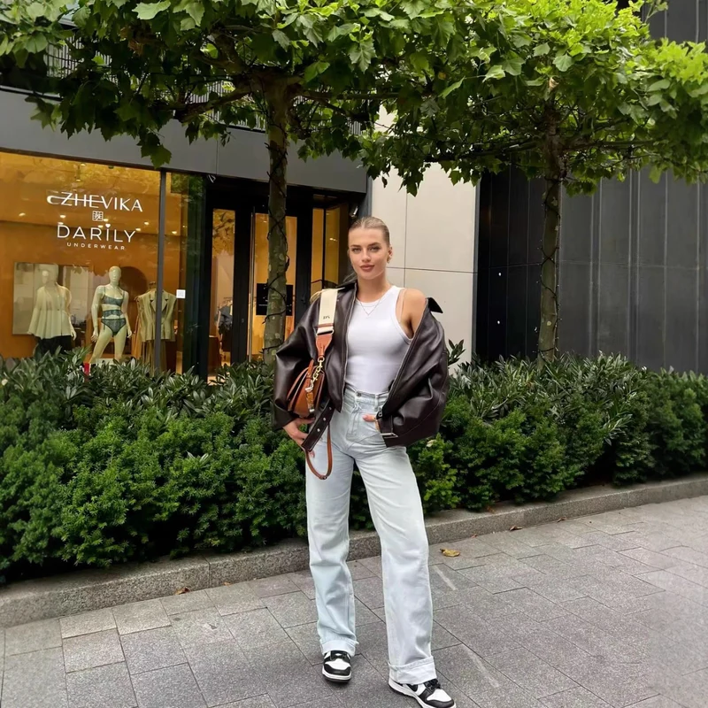 Damen Oversized Kunstleder-Bomberjacke mit Gürtel und Hemdkragen Drune