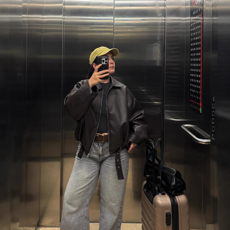 Damen Oversized Kunstleder-Bomberjacke mit Gürtel und Hemdkragen Drune