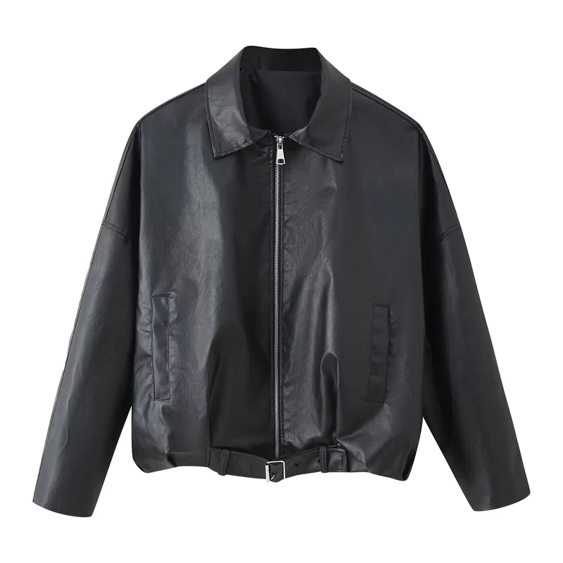 Damen Oversized Kunstleder-Bomberjacke mit Gürtel und Hemdkragen Drune