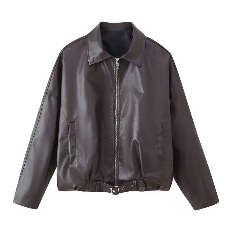 Damen Oversized Kunstleder-Bomberjacke mit Gürtel und Hemdkragen Drune