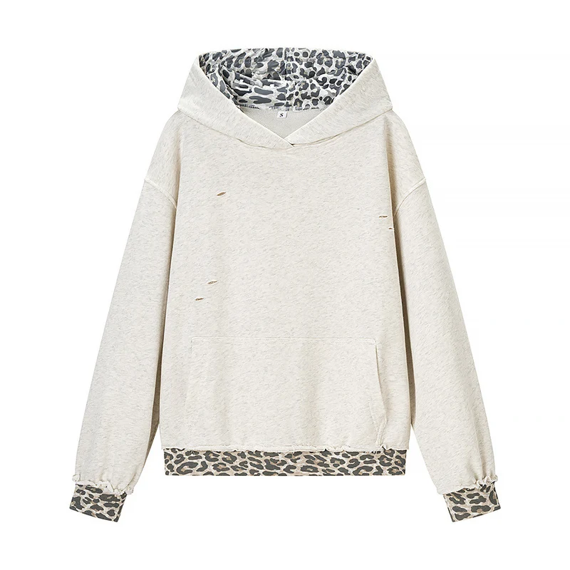 Damen Oversized Kapuzenpullover mit Leoprint-Futter und Destroy-Details Drune