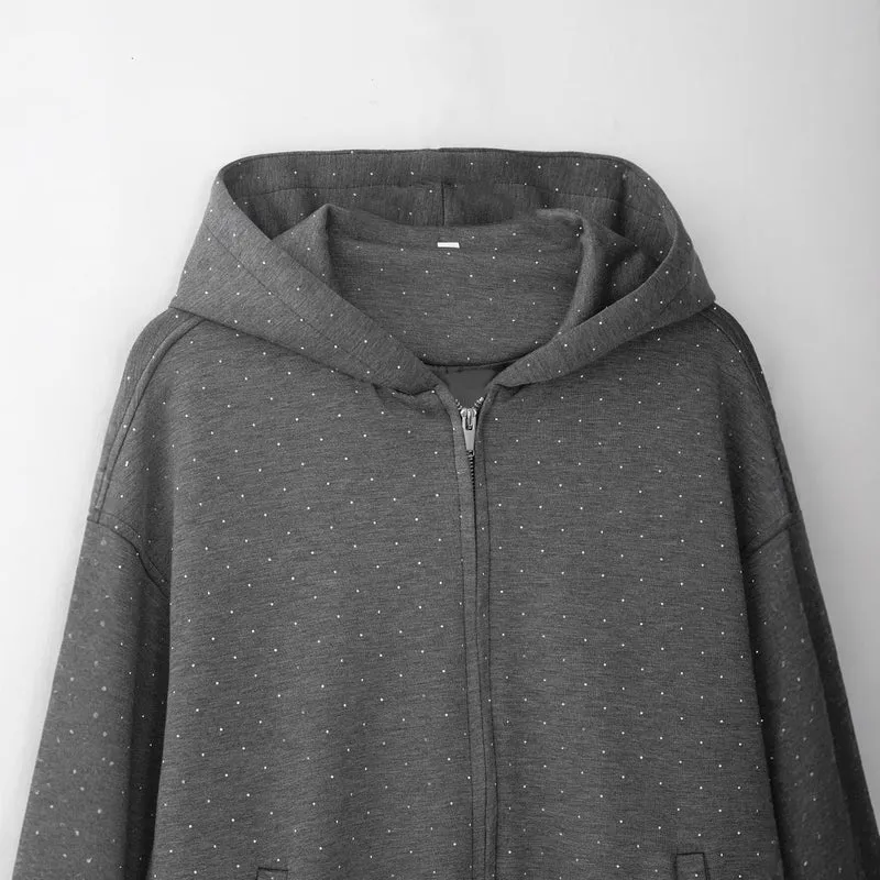 Damen Oversized Kapuzenjacke mit durchgehendem Reißverschluss, elastischem Saum und dezentem Punktmuster Drune
