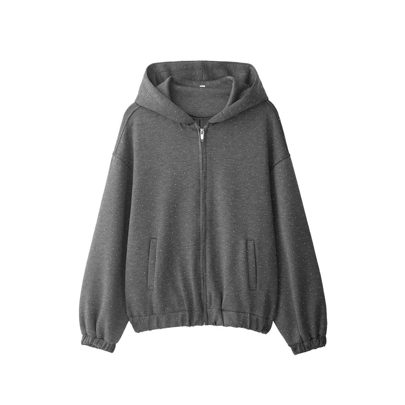 Damen Oversized Kapuzenjacke mit durchgehendem Reißverschluss, elastischem Saum und dezentem Punktmuster Drune