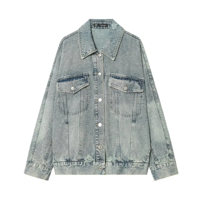 Damen Oversized Jeansjacke im Vintage‑Washed‑Look mit Brustklappentaschen Drune