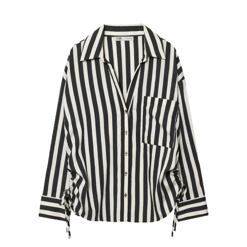 Damen Oversized Hemdbluse mit vertikalem Streifenmuster und Seitenschnürung Drune