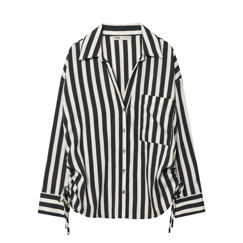 Damen Oversized Hemdbluse mit vertikalem Streifenmuster und Seitenschnürung Drune