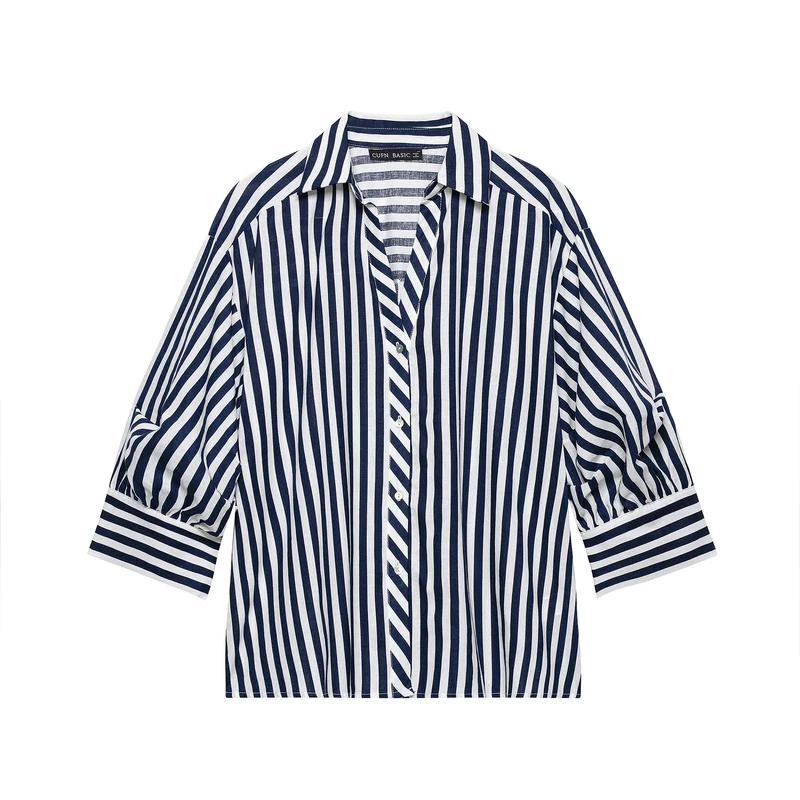 Damen Oversized Hemdbluse mit maritimem Nadelstreifen und dreiviertellangen Ballonärmeln Drune