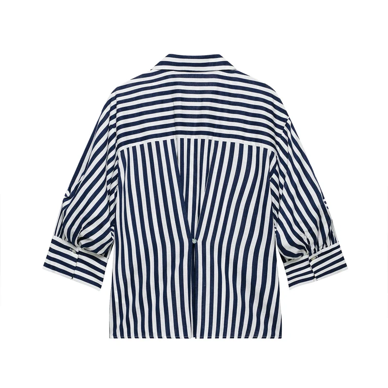 Damen Oversized Hemdbluse mit maritimem Nadelstreifen und dreiviertellangen Ballonärmeln Drune
