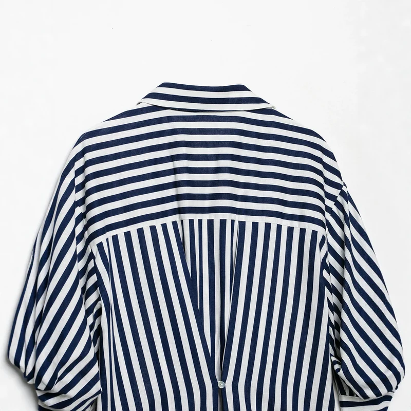 Damen Oversized Hemdbluse mit maritimem Nadelstreifen und dreiviertellangen Ballonärmeln Drune