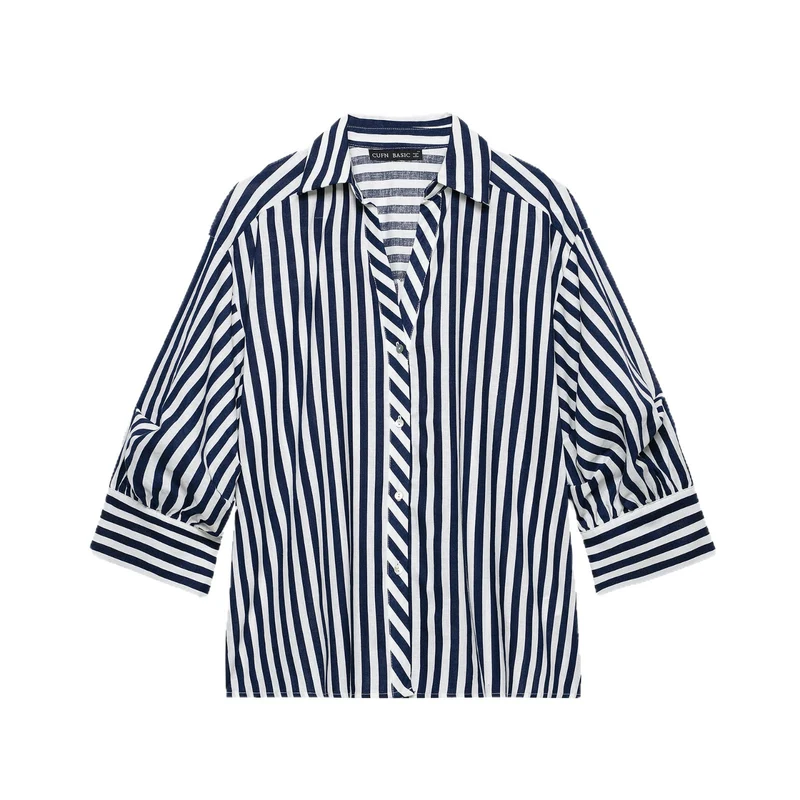 Damen Oversized Hemdbluse mit maritimem Nadelstreifen und dreiviertellangen Ballonärmeln Drune