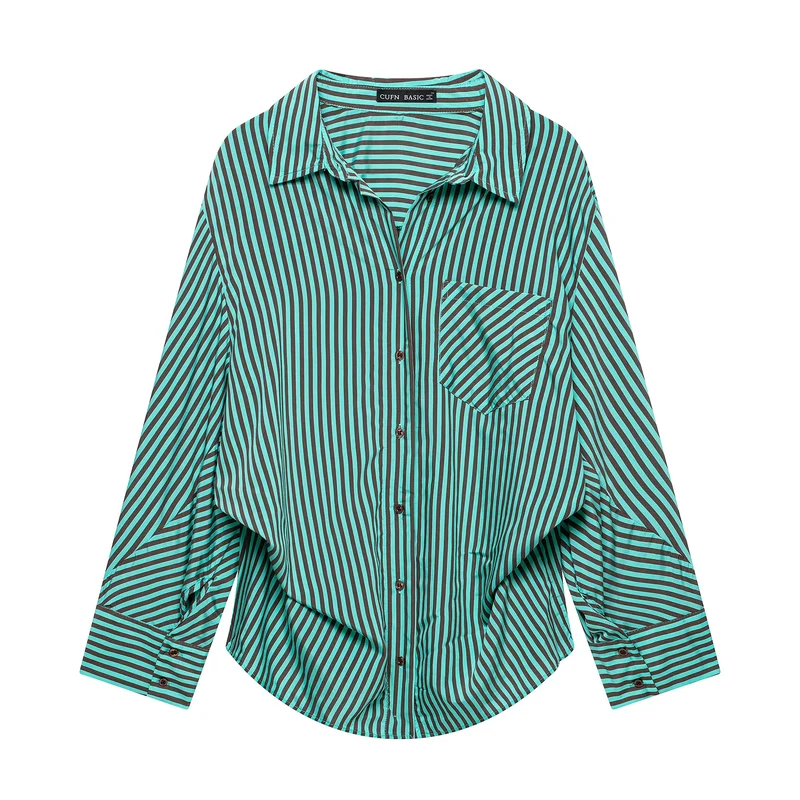 Damen Oversized-Hemdbluse mit diagonalen Streifen, Brusttasche und Rundsaum Drune