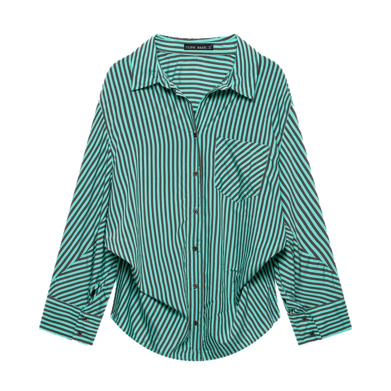 Damen Oversized-Hemdbluse mit diagonalen Streifen, Brusttasche und Rundsaum Drune