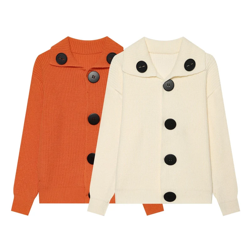 Damen Oversized Grobstrick-Cardigan mit großem Schalkragen und Zierknöpfen Drune