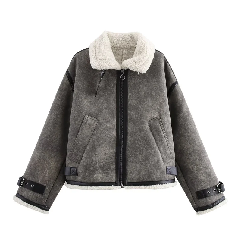 Damen Oversized Fliegerjacke mit Teddyfutter, Kunstlederbesatz und Schnallen Drune