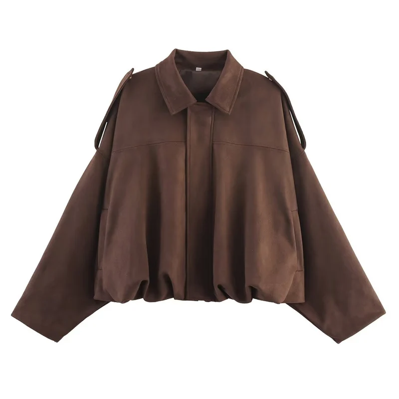 Damen Oversized Cropped Jacke in Wildlederoptik mit Cut-Out-Schultern und Tunnelzugsaum Drune