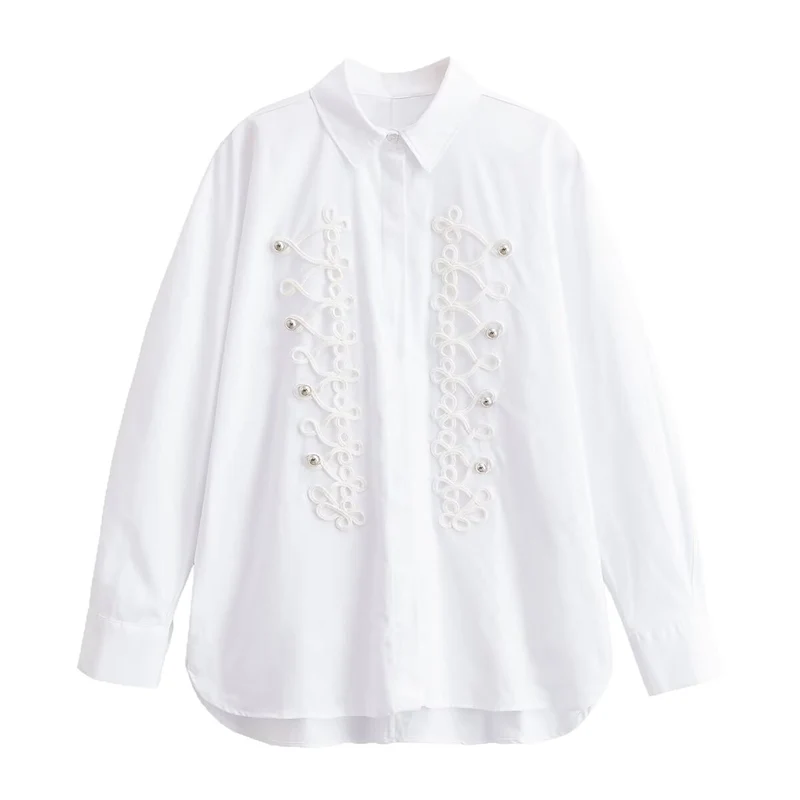 Damen Oversized-Bluse mit dekorativen Froschverschlüssen und Hemdkragen Drune