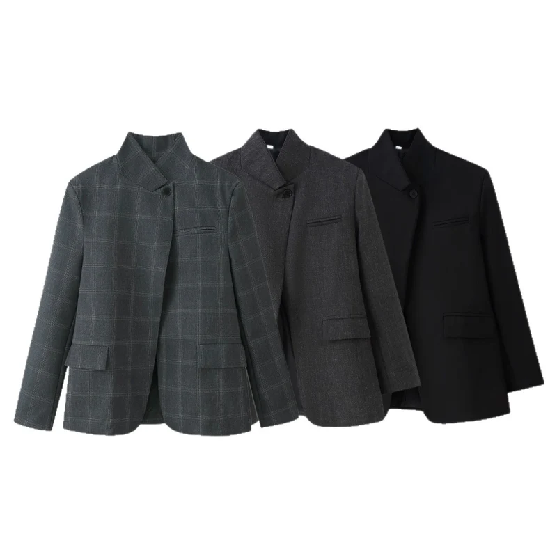 Damen Oversized-Blazer im Boxy-Schnitt mit asymmetrischem Stehkragen und verdeckter Knopfleiste Drune