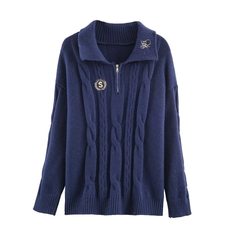 Damen Oversize Zopfstrick-Pullover mit halbem Reißverschluss und Schalkragen Drune