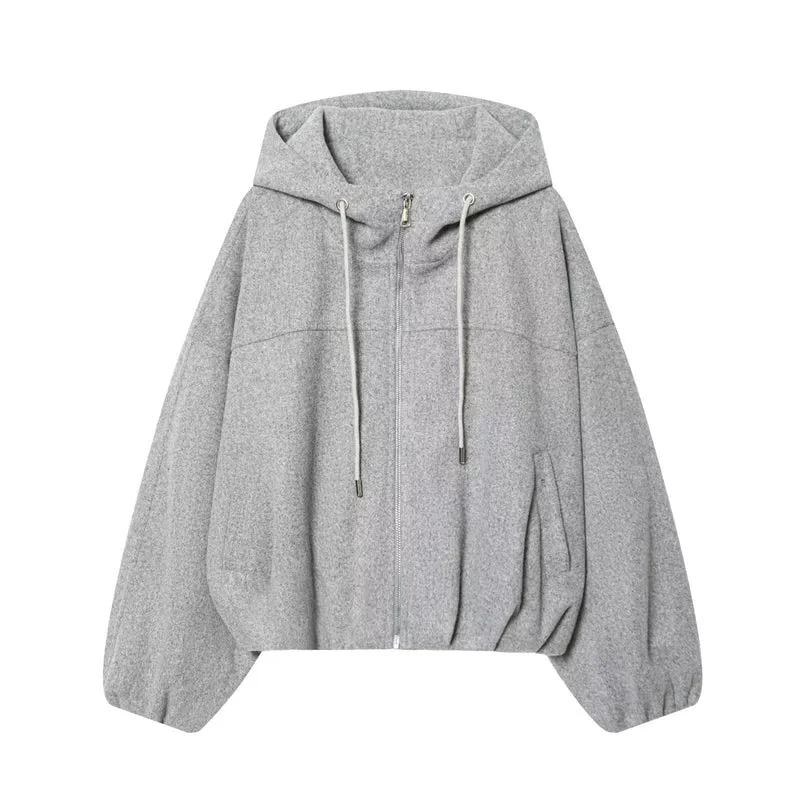 Damen Oversize-Wollmix-Kapuzenjacke mit Reißverschluss und Tunnelzug Drune