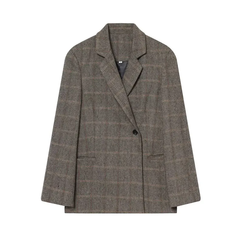 Damen Oversize Wollmix-Blazer mit Glencheck und Ein-Knopf-Verschluss Drune