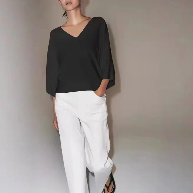 Damen Oversize V-Ausschnitt-Top mit Kimonoärmeln Drune