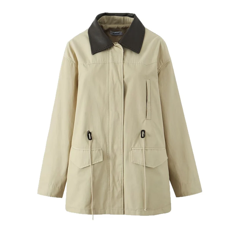 Damen Oversize-Übergangsjacke mit Kontrastkragen und Tunnelzug Drune