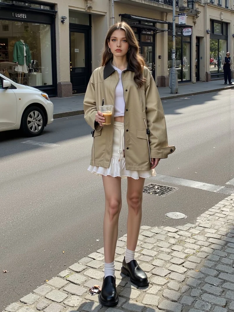 Damen Oversize-Übergangsjacke mit Kontrastkragen und Tunnelzug Drune