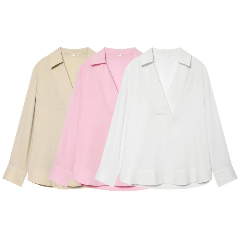 Damen Oversize Tunika‑Bluse mit tiefem V‑Ausschnitt und Hemdkragen Drune