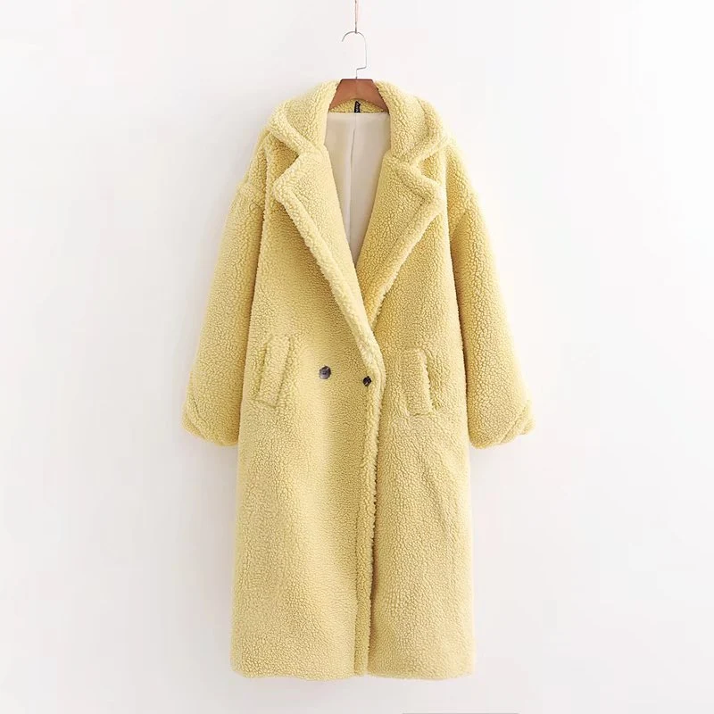 Damen Oversize Teddy-Mantel im Longline-Schnitt mit Reverskragen und Pattentaschen Drune