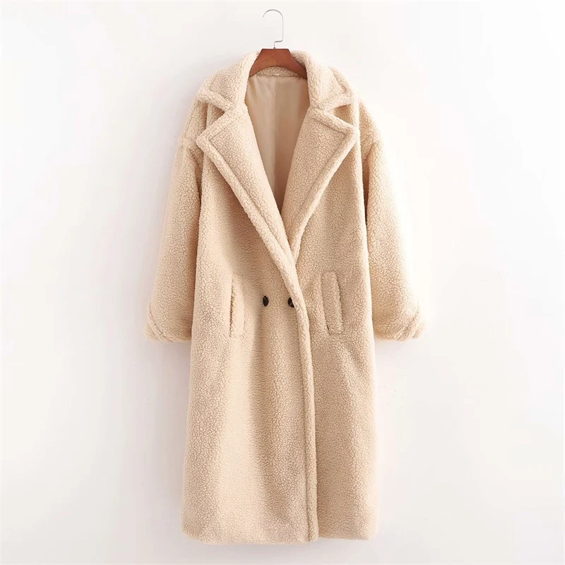 Damen Oversize Teddy-Mantel im Longline-Schnitt mit Reverskragen und Pattentaschen Drune