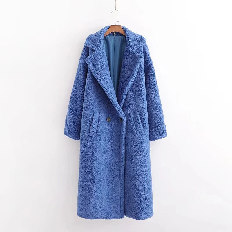 Damen Oversize Teddy-Mantel im Longline-Schnitt mit Reverskragen und Pattentaschen Drune
