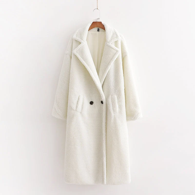 Damen Oversize Teddy-Mantel im Longline-Schnitt mit Reverskragen und Pattentaschen Drune