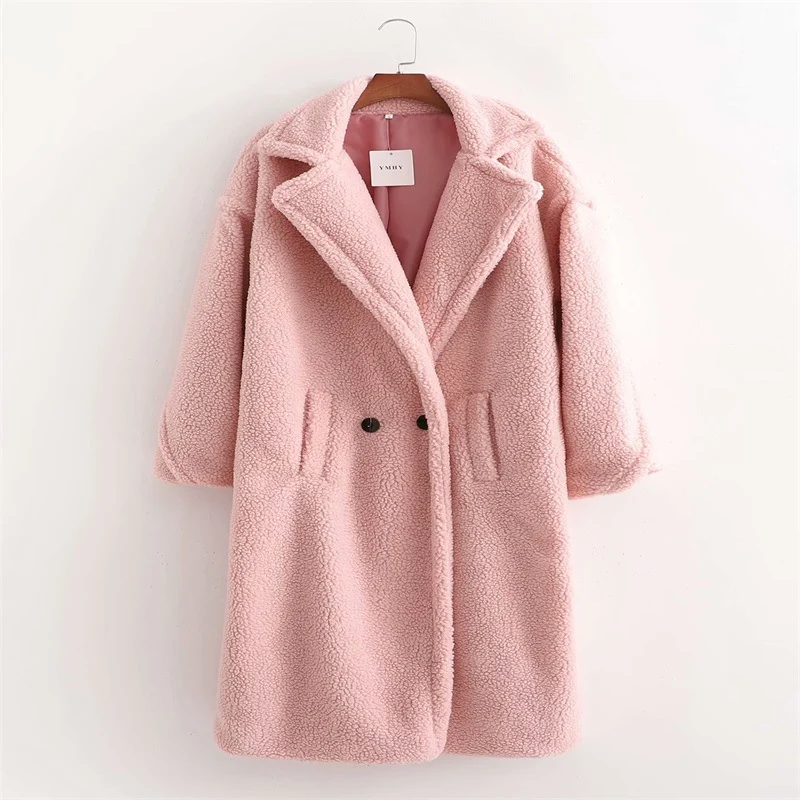 Damen Oversize Teddy-Mantel im Longline-Schnitt mit Reverskragen und Pattentaschen Drune