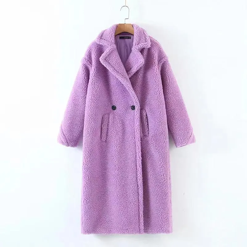 Damen Oversize Teddy-Mantel im Longline-Schnitt mit Reverskragen und Pattentaschen Drune