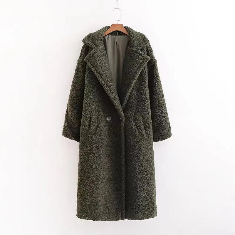 Damen Oversize Teddy-Mantel im Longline-Schnitt mit Reverskragen und Pattentaschen Drune