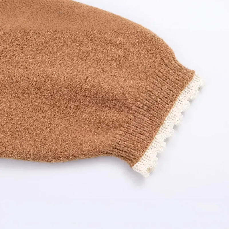 Damen Oversize-Strickpullover mit Schlauchkragen und Spitzenborte Drune