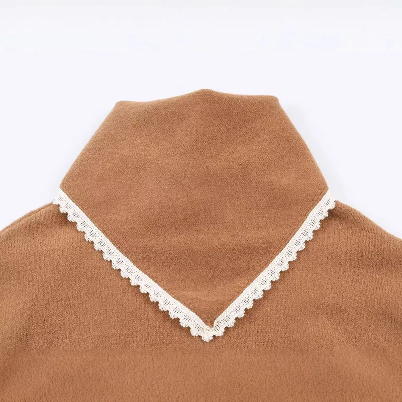 Damen Oversize-Strickpullover mit Schlauchkragen und Spitzenborte Drune