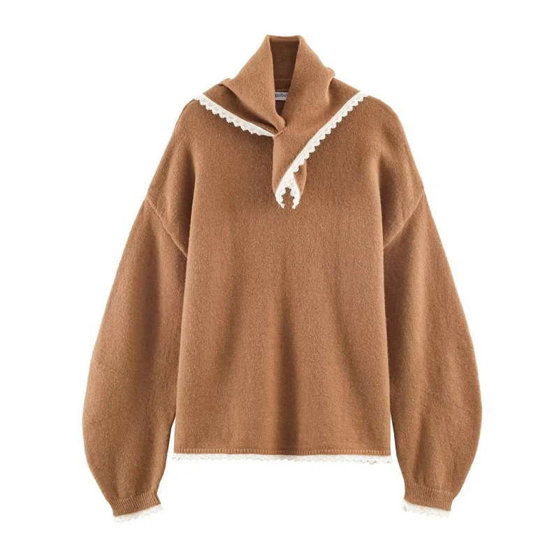 Damen Oversize-Strickpullover mit Schlauchkragen und Spitzenborte Drune