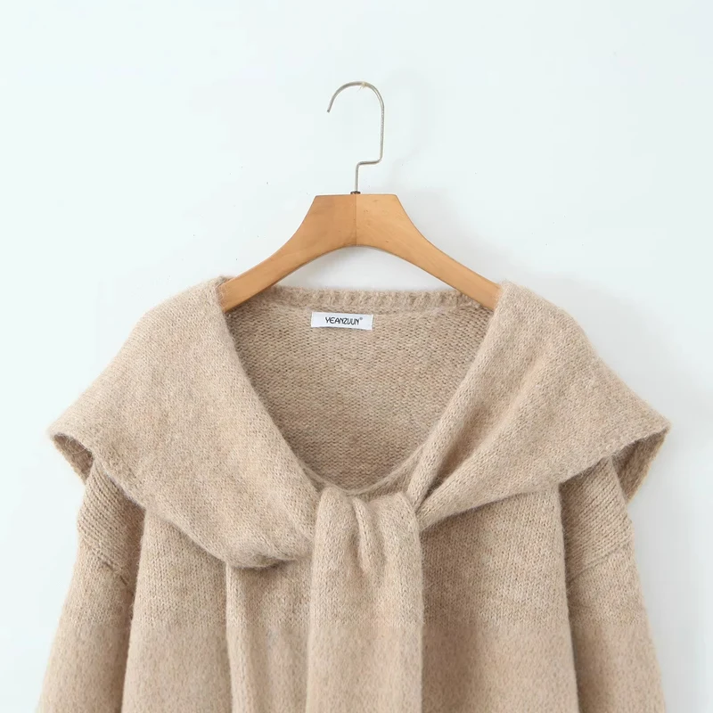 Damen Oversize Strickpullover mit integriertem Schal und weitem Schulterkragen Drune