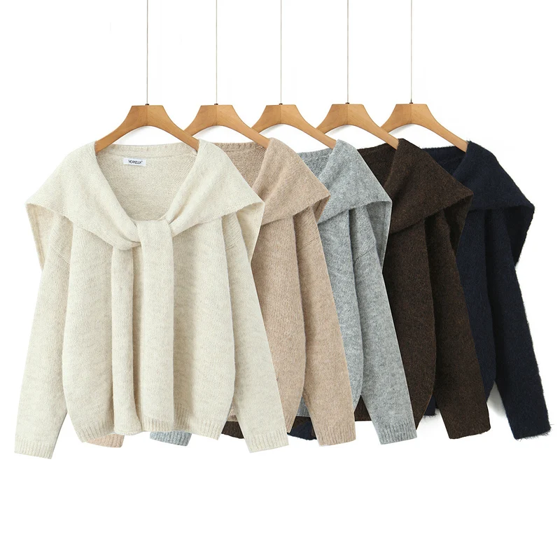 Damen Oversize Strickpullover mit integriertem Schal und weitem Schulterkragen Drune