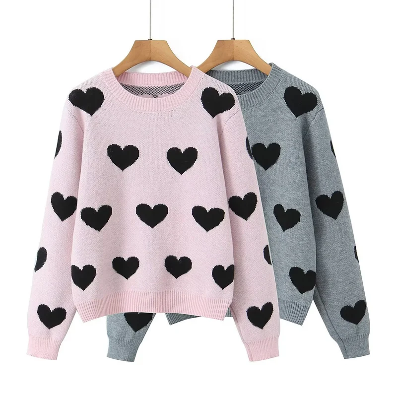 Damen Oversize-Strickpullover mit Herz‑Jacquard und Rundhalsausschnitt Drune