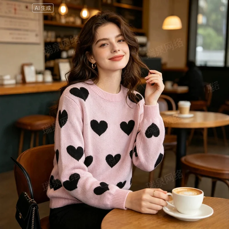 Damen Oversize-Strickpullover mit Herz‑Jacquard und Rundhalsausschnitt Drune