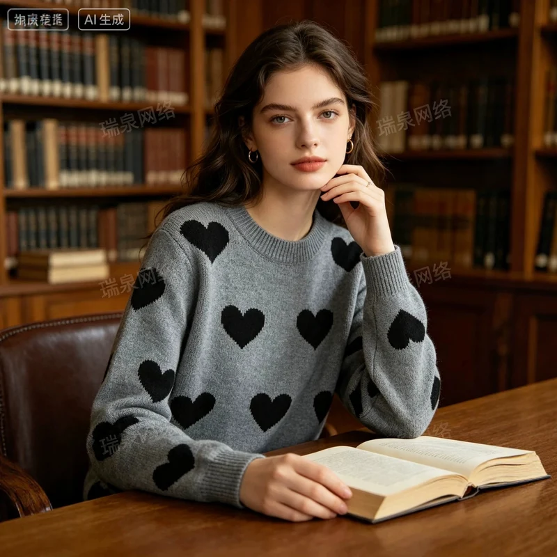 Damen Oversize-Strickpullover mit Herz‑Jacquard und Rundhalsausschnitt Drune