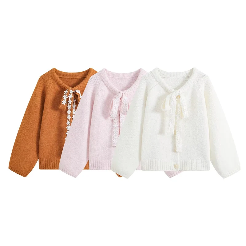 Damen Oversize Strickpullover mit dekorativem Blumen-Spitzenband Drune