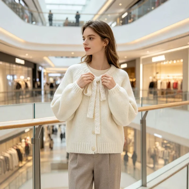 Damen Oversize Strickpullover mit dekorativem Blumen-Spitzenband Drune