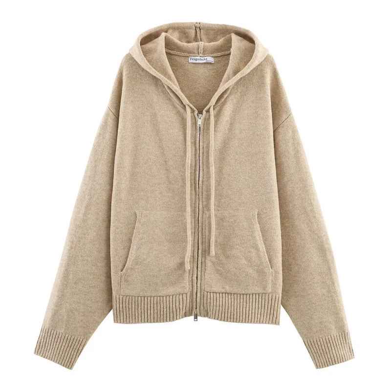 Damen Oversize-Strickkapuzenjacke mit Reißverschluss und Kängurutaschen Drune