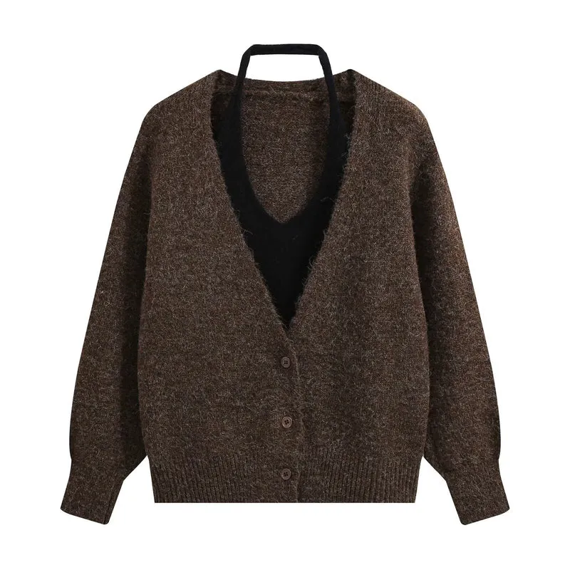 Damen Oversize Strickcardigan mit tiefem V Ausschnitt und Rippbund Drune