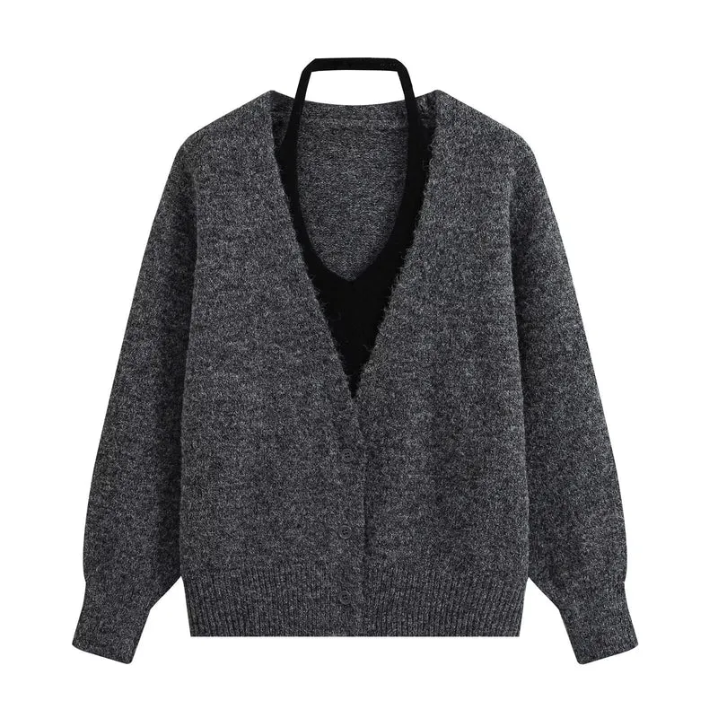 Damen Oversize Strickcardigan mit tiefem V Ausschnitt und Rippbund Drune