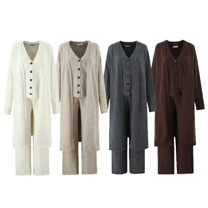 Damen Oversize Strick-Set mit Longcardigan, Knopf-Weste und weiten Hosen Drune
