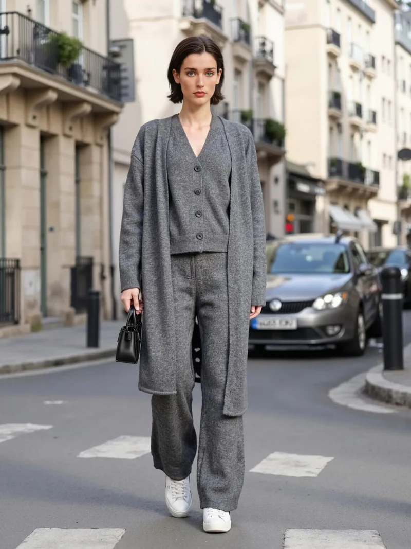 Damen Oversize Strick-Set mit Longcardigan, Knopf-Weste und weiten Hosen Drune